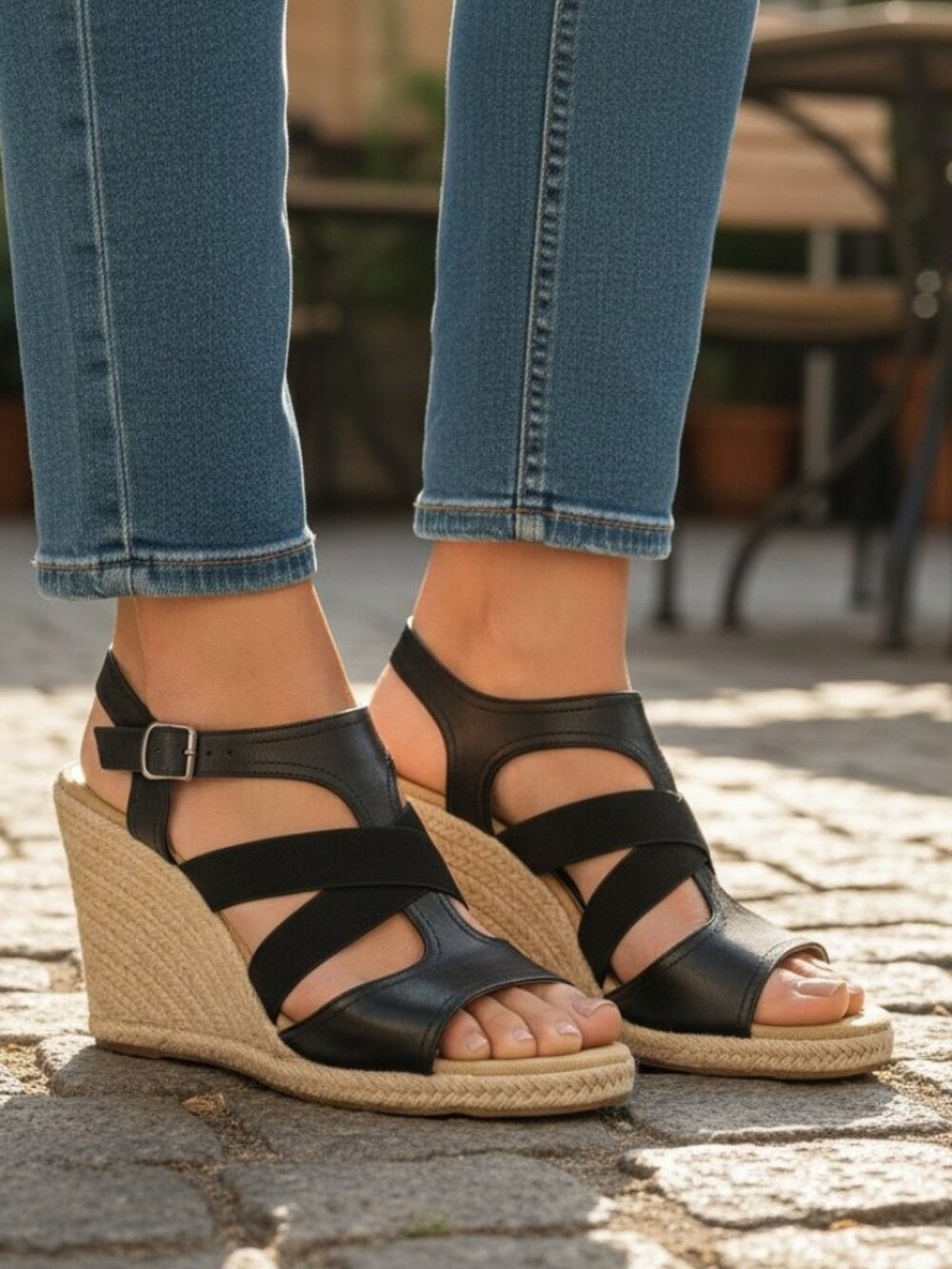 Tahari "Waverly" Black Leather Espadrille Wedge Sandal